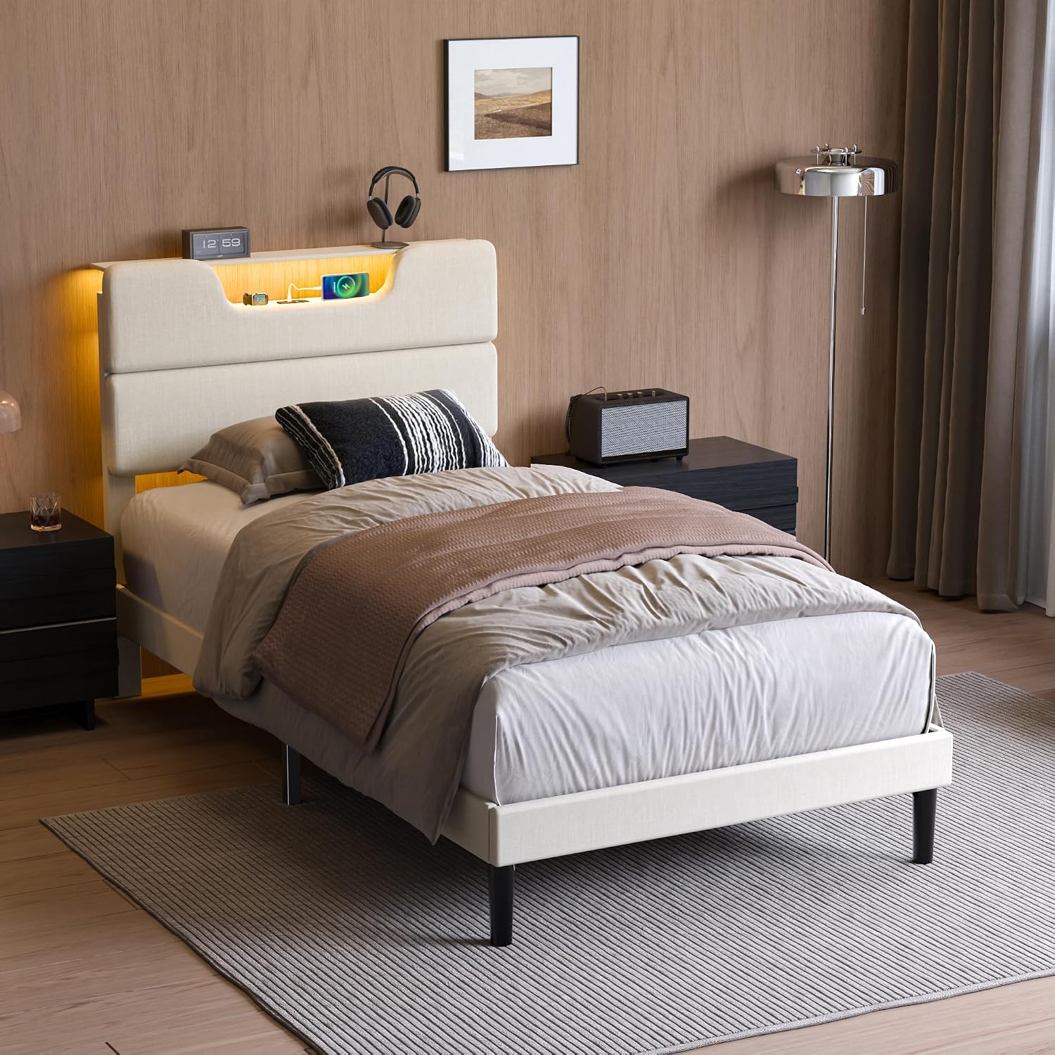 OURPIC Twin Bed Frames for Kids, Twin Size Bed Frames with Upholstered Headboard, Modern Platform Bed with Charging Station and Led Lights, Sturdy Wooden Slats