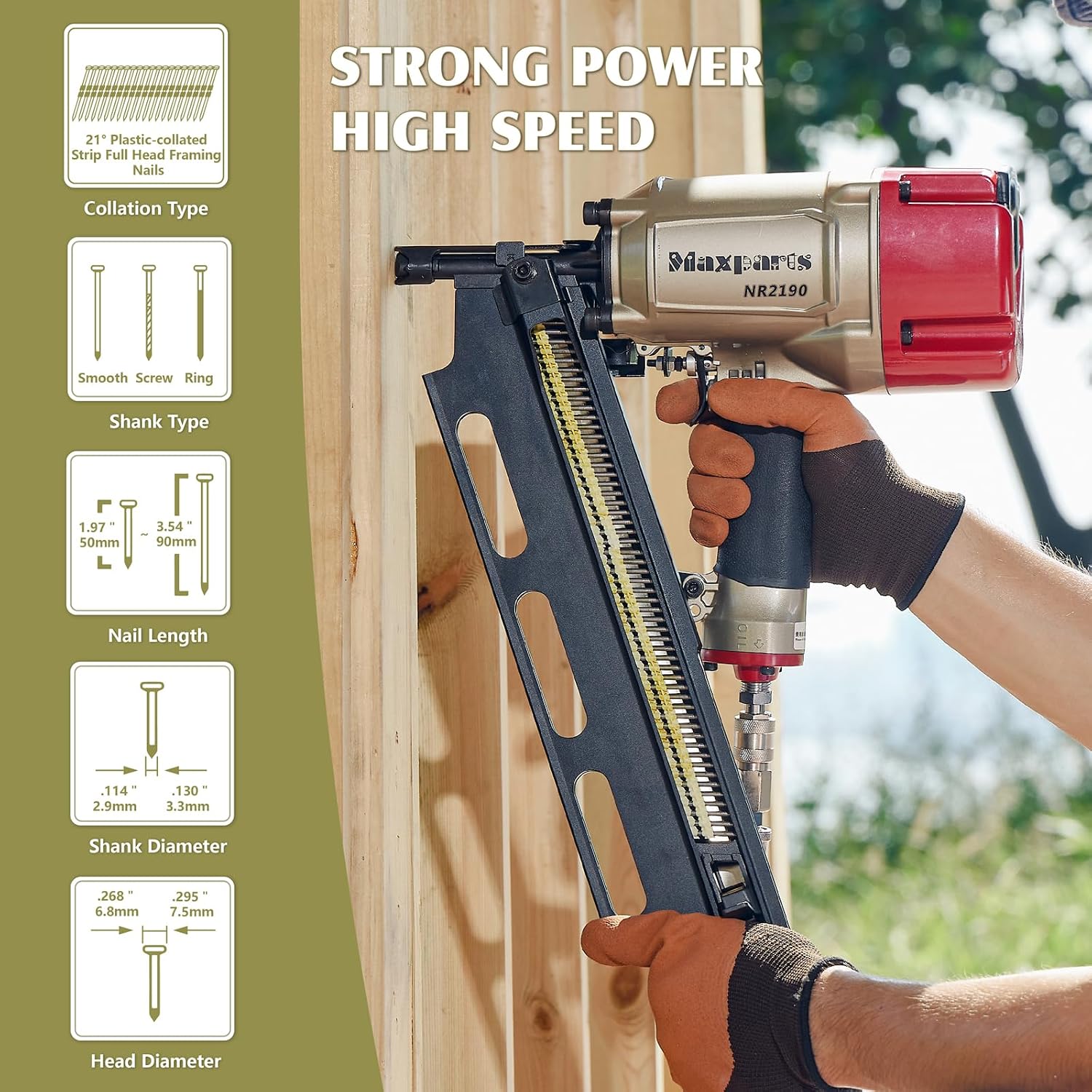 Maxparts Framing Nail Gun NR2190, 21° Aluminum Magazine, Framing Nailer Accepts 2' To 3-1/2' Nails, with Rapid Shooting Engine for Pallet, Crating, Framing, Fencing