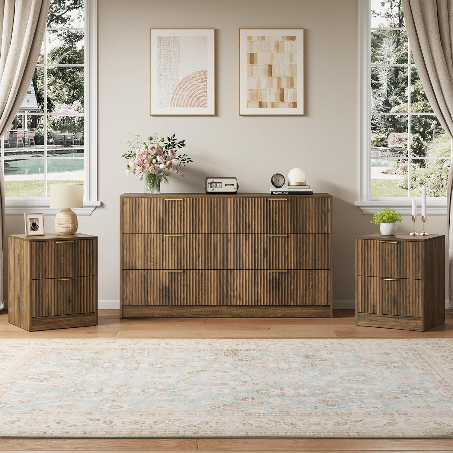 6 Drawer Dresser & Nightstand Set 3-Piece, 55' Wide Fluted Dresser and Night Stand Set of 2 with Metal Handle, Modern Wood Chest of Drawers Storage Dressers Set for Bedroom, Walnut