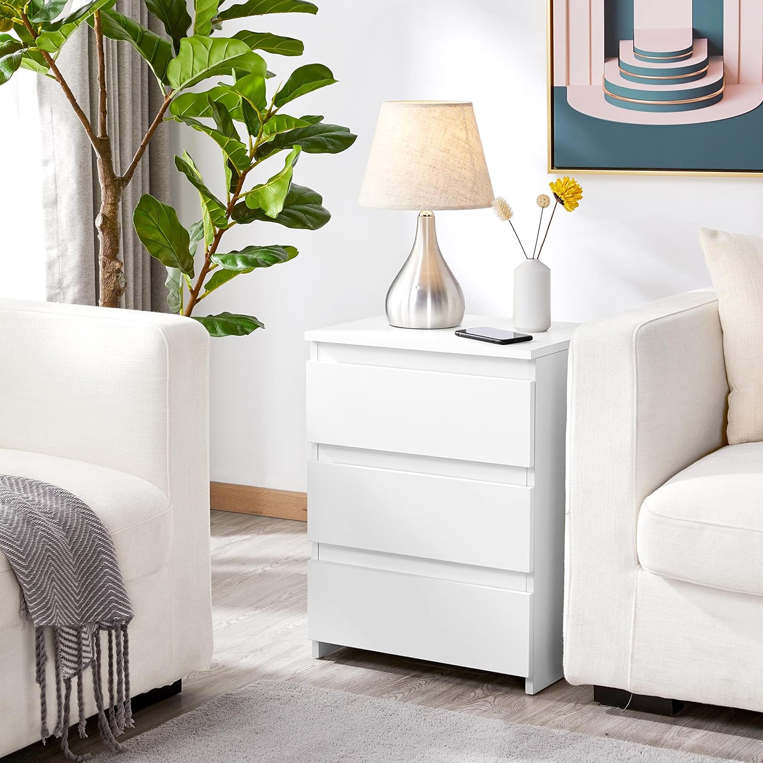 Yaheetech Wood Nightstands Set of 2, Bedside Tables with 3 Drawers, Solid Cabinet Units Telephone Tables with Storage for Bedroom/Small Space, White