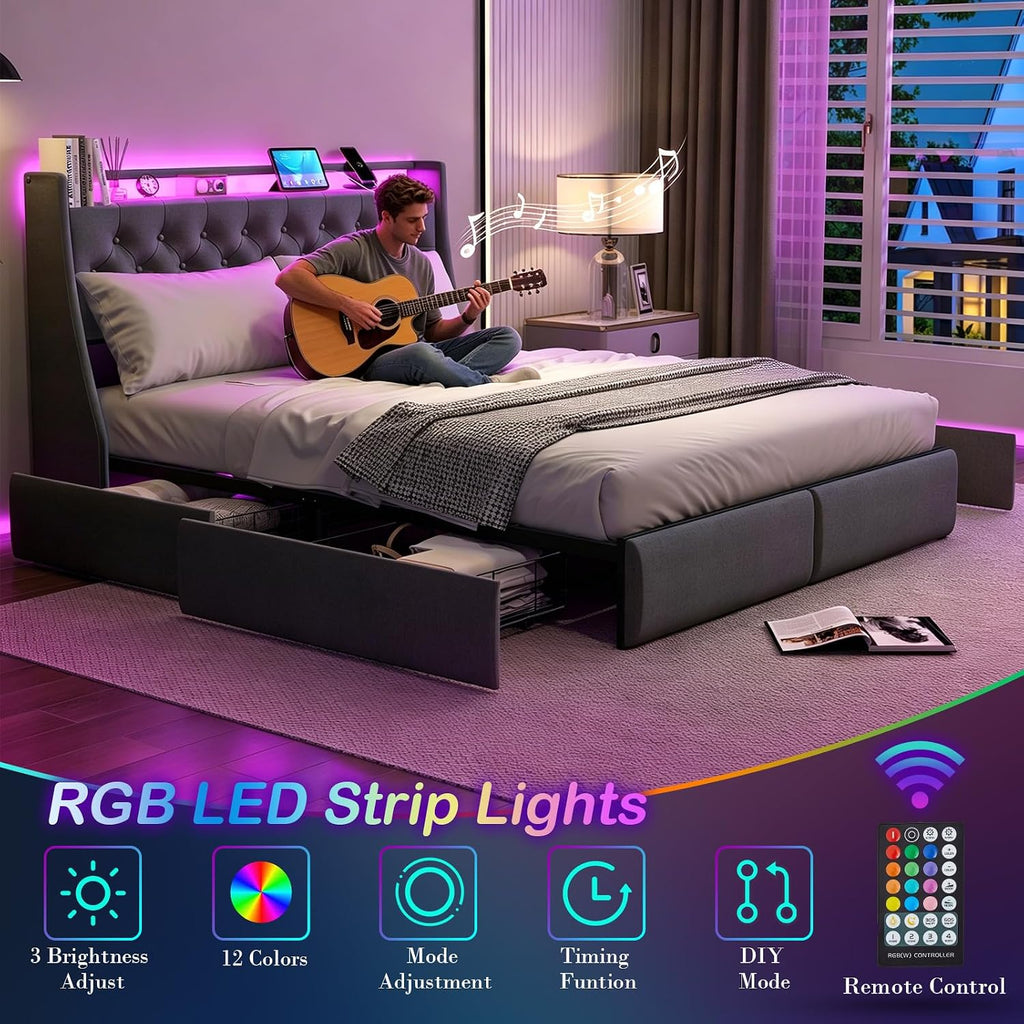 Doltoro Full Bed Frame with Storage Headboard and 4 Drawers, Upholstered Platform Bed Frame with Charging Station & LED Lights, Noise-Free, No Box Spring Needed, Easy Assembly, Gray