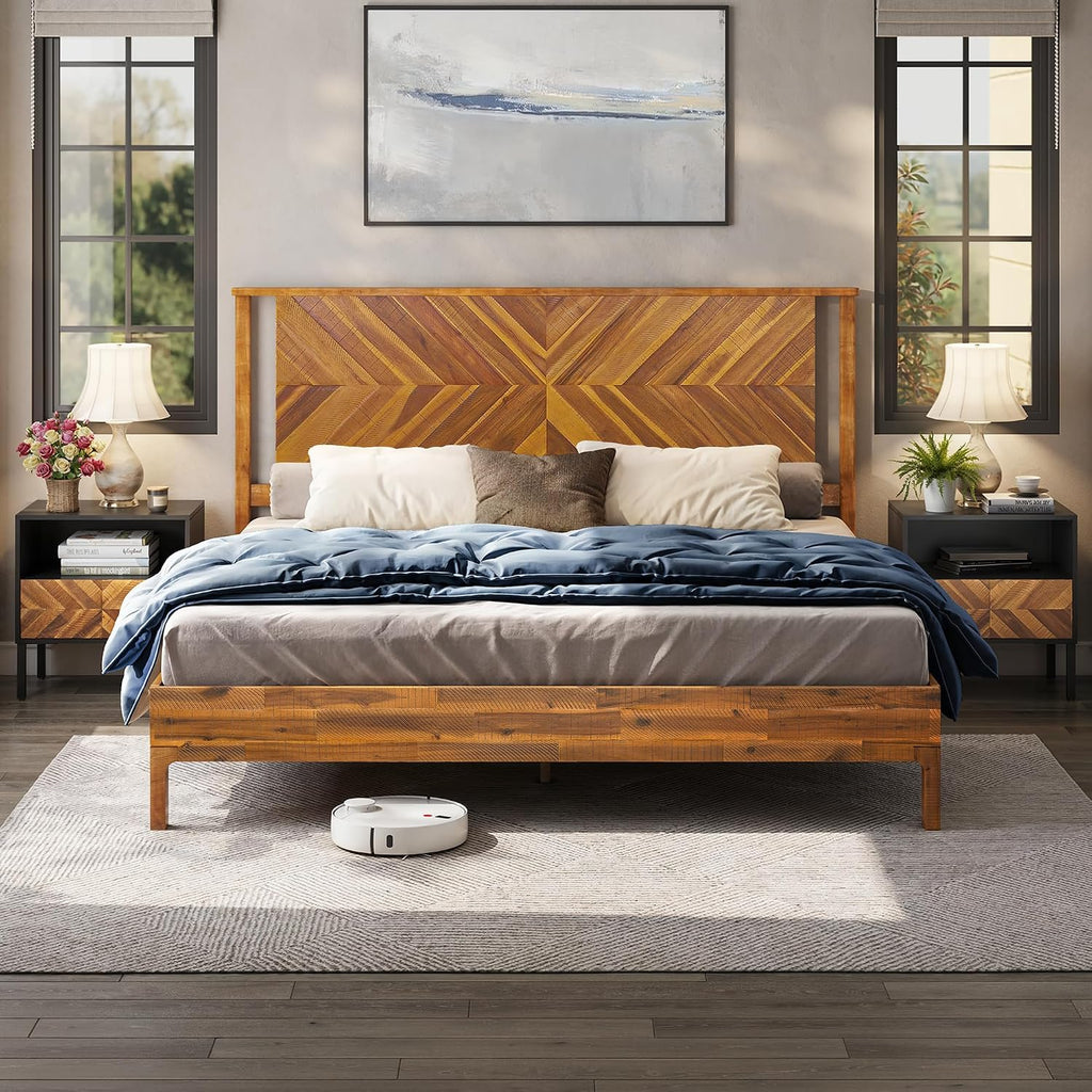 Bme Vivian 14 Inch Deluxe Bed Frame with Headboard, Rustic & Scandinavian Style with Solid Acacia Wood, No Box Spring Needed, 12 Strong Wood Slat Support, Easy Assembly, King, Rustic Golden Brown