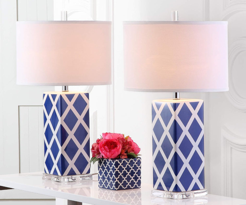 SAFAVIEH Lighting Collection Garden Lattice Trellis Modern Contemporary Navy 27-inch Bedroom Living Room Home Office Desk Nightstand Table Lamp Set of 2 (LED Bulbs Included)
