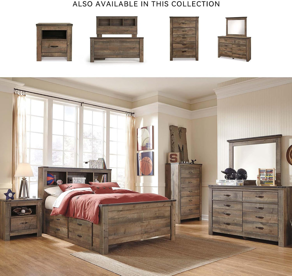 Signature Design by Ashley Trinell Casual Full Bookcase Platform Bed with 2 Storage Drawers and Nailheads, Foundation or Box Spring Not Needed, Dark Brown
