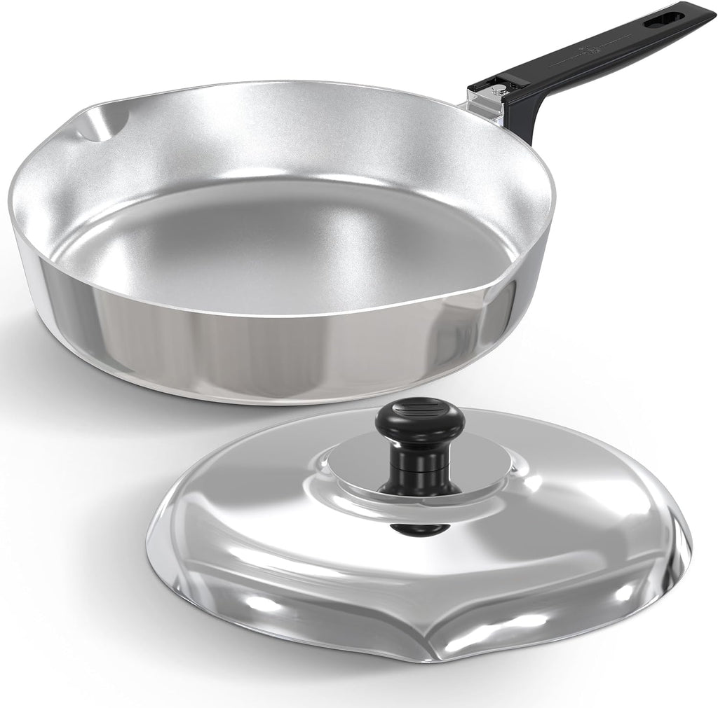 MAGNAWARE Cast Aluminum Sauté Pan with Lid 10 inch - Oven Safe Deep Frying Pan with Lid, Two Side Spouts and Ergonomic Stay-Cool Handle for Comfortable Grip and Pouring (3 Quart)