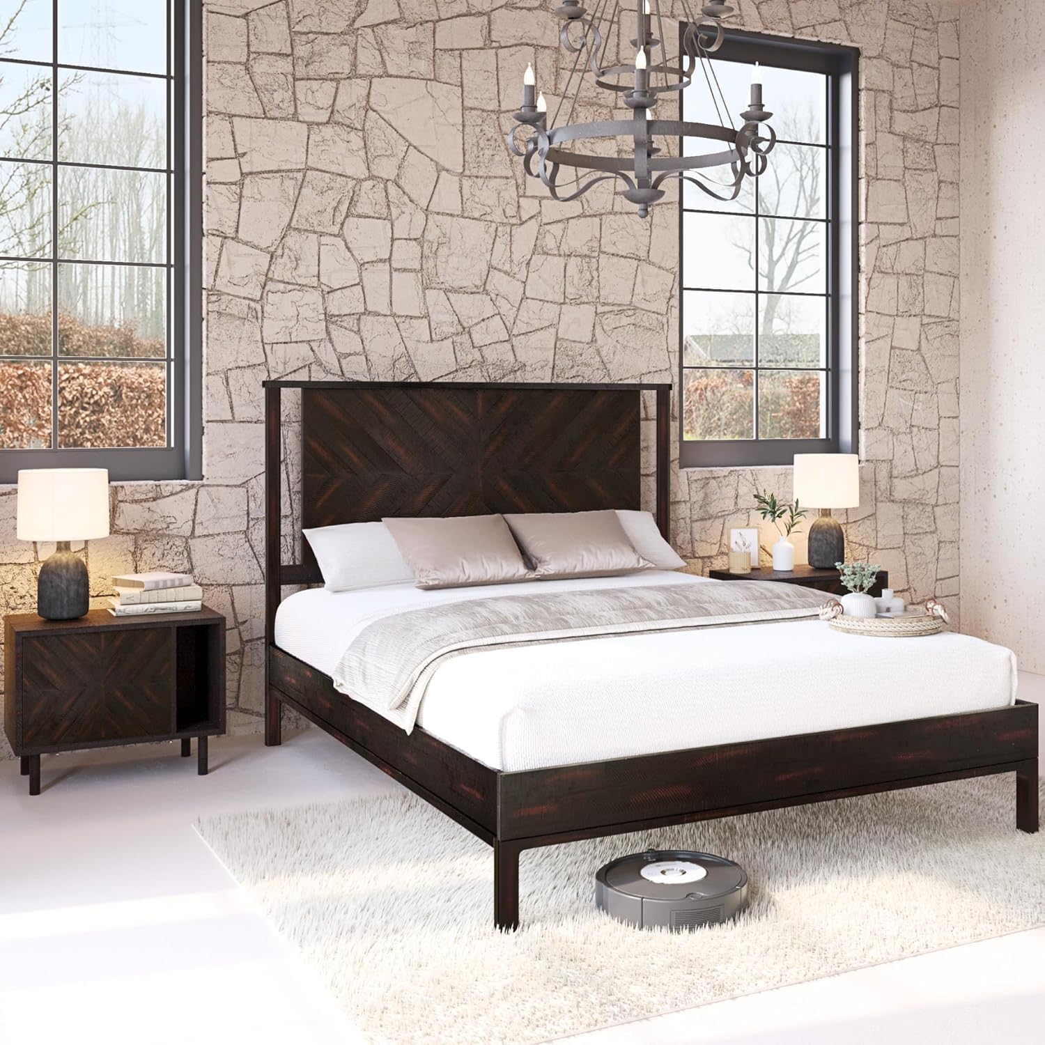 Bme Vivian Queen Bed Frame with Headboard, 14 Inch Deluxe Rustic Scandinavian Style - Solid Acacia Wood - No Box Spring Needed - 12 Strong Wood Slat Support - Easy Assembly - Rustic Black