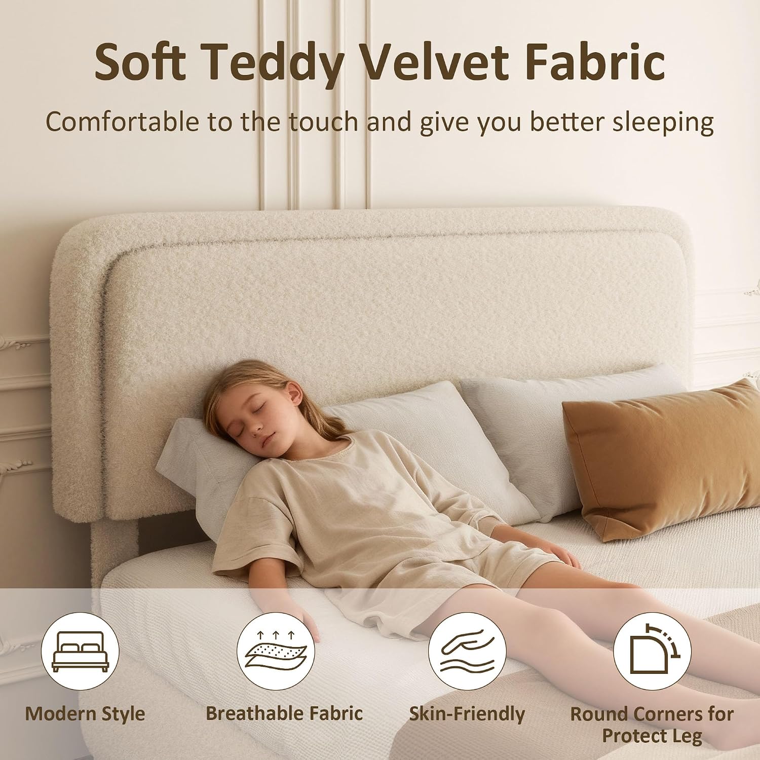 Full Bed Frame, Teddy Velvet Boucle Bed Frame with 43.3'/45.3' Adjustable Upholstered Headboard, Rounded Corners, Mattress Foundation, No Box Spring Required, Beige