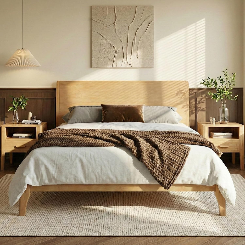 Merax 3 Pieces Bamboo Bedroom Sets, Mid-Century Modern King Size Platform Bed with Tall Headboard, Storage Drawer Night Stands Set, Wood Slats Support, No Box Spring Needed, Easy Assembly, Natural