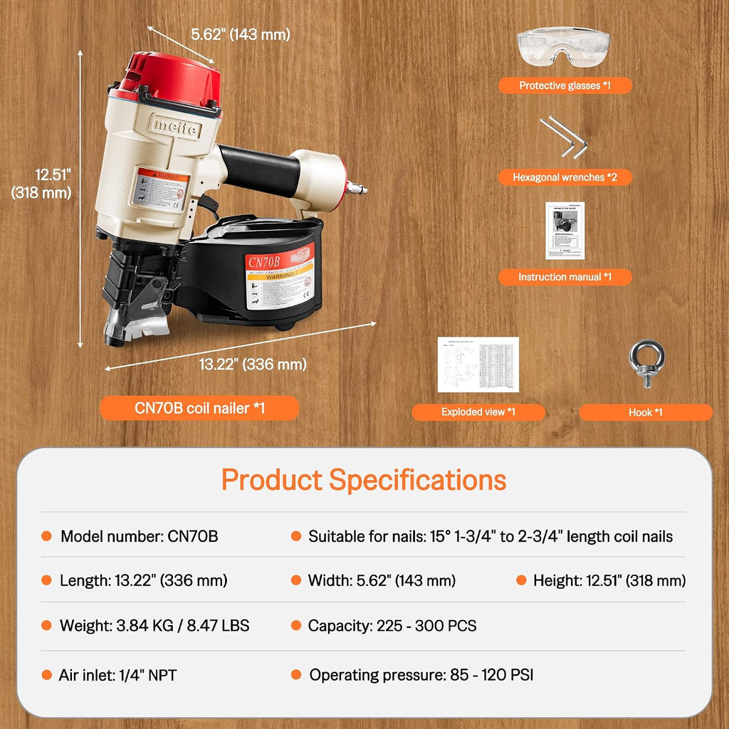meite CN70B Pneumatic Coil Nailer 15/16 Degree 1-3/4 Inch to 2-3/4 Inch Air Nail Gun, Coil Nail Magazine 300PCS, Heavy Duty Pallet Framing Coil Nailer for Siding Sheathing Wooding Fencing Decking