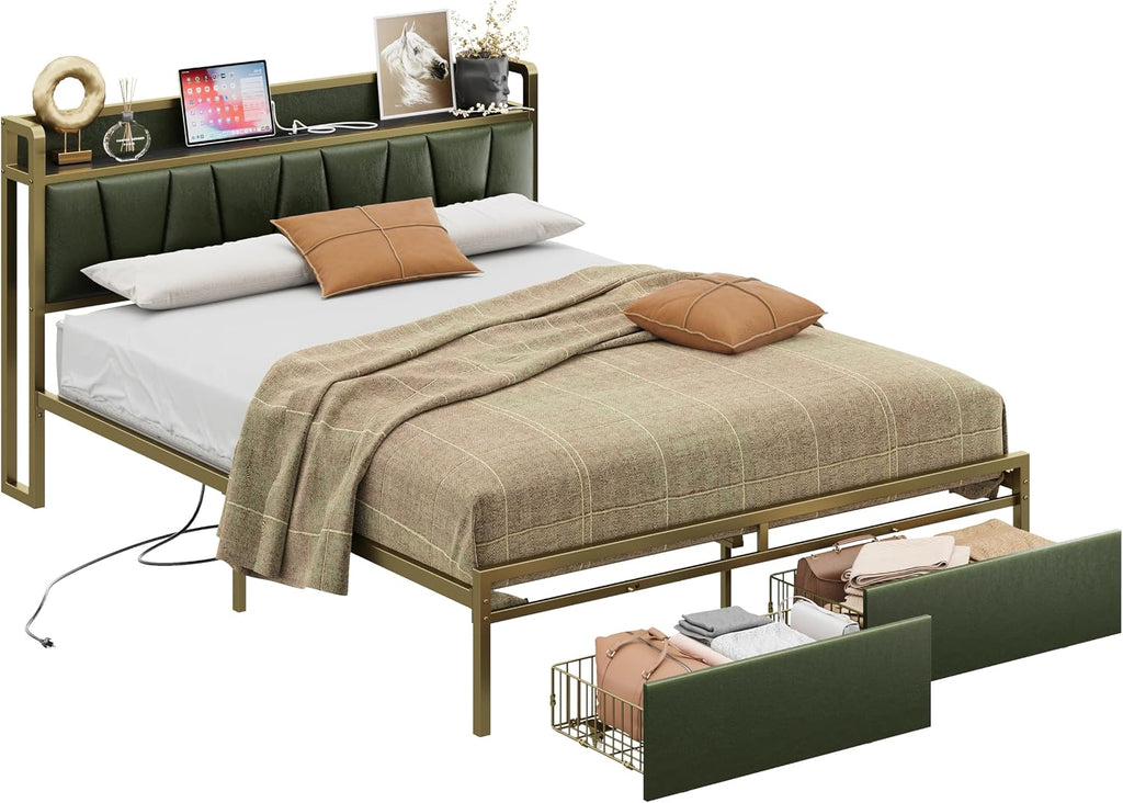 LIKIMIO Queen Bed Frame, Storage Headboard with Charging Station, Platform Bed with Drawers, No Box Spring Needed, Easy Assembly, Dark Green