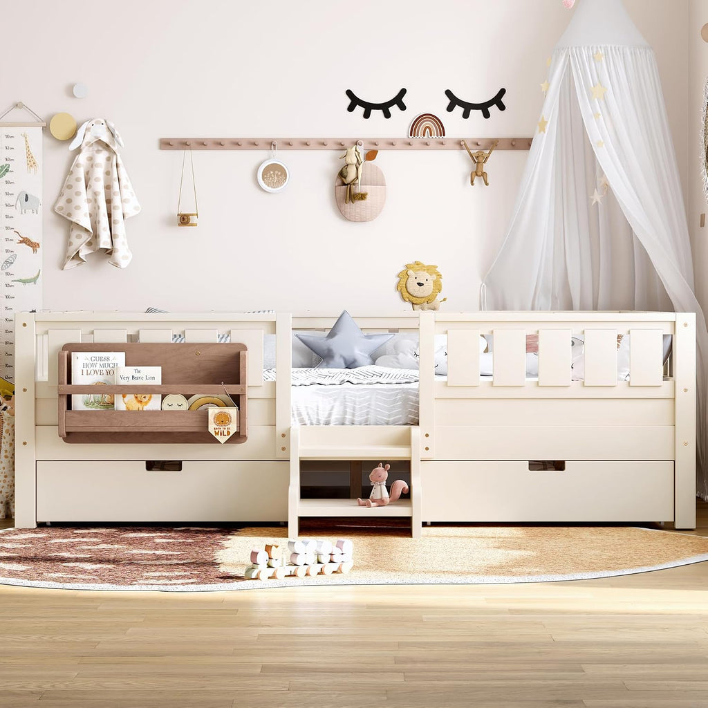 Bellemave Queen Size Montessori Bed with Slats and Stairs, Queen Size Platform Bed Frame with Fence, Bookshelf and Storage Drawers, Low Profile Beds Beds for Girls, Boys, Beige