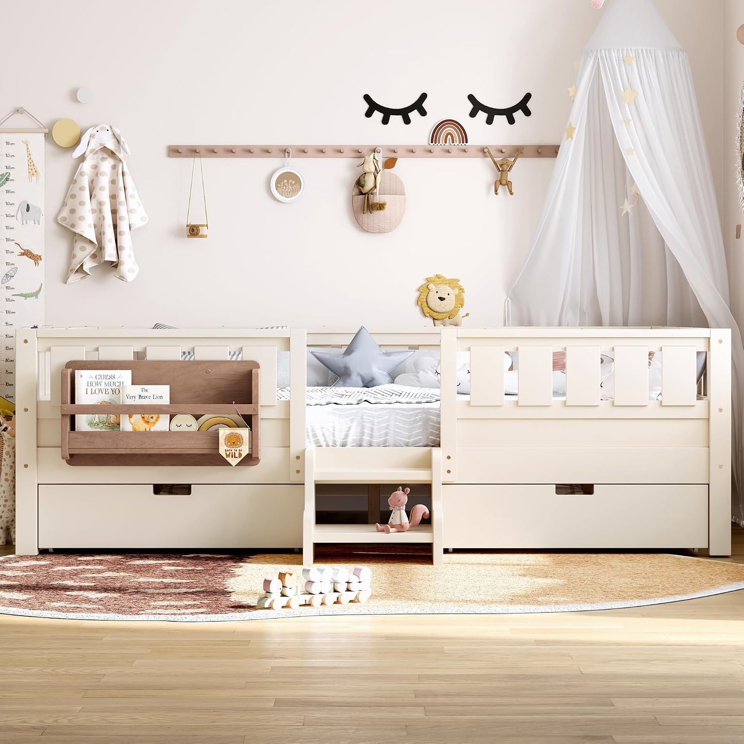 Bellemave Queen Size Montessori Bed with Slats and Stairs, Queen Size Platform Bed Frame with Fence, Bookshelf and Storage Drawers, Low Profile Beds Beds for Girls, Boys, Beige