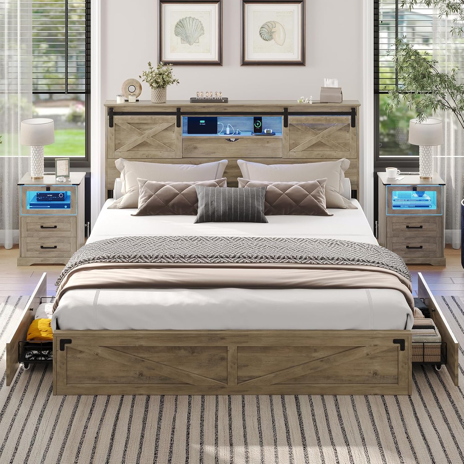 Hasuit Farmhouse Bed Frame California King Size with Storage Bookcase Headboard, Wooden Cal King Bed with LED Lights, Charging Station, 2 Drawers, Country Rustic Bed Frame with Sliding Barn Door