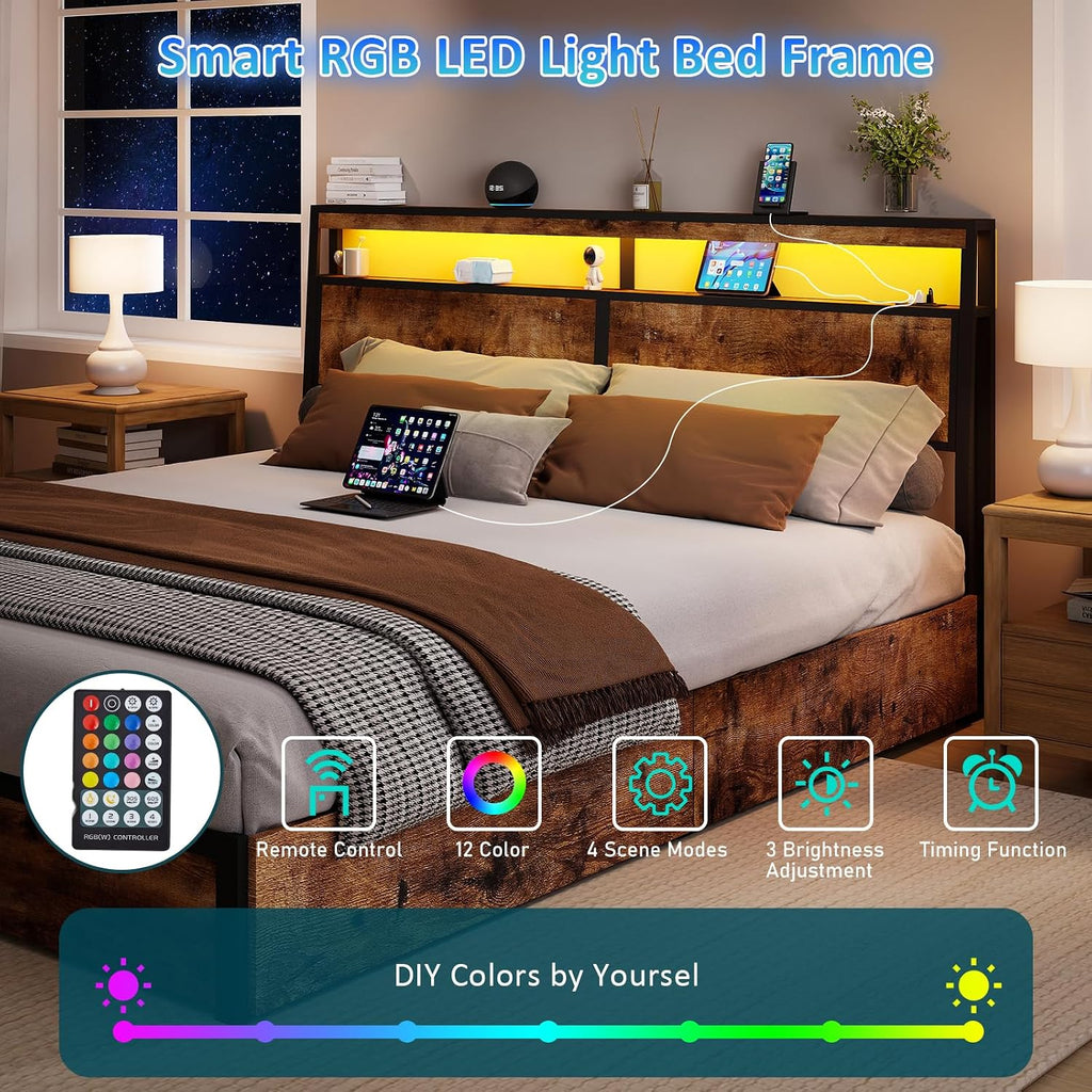 SADENICEL King Bed Frame with Storage Headboard and 4 Drawers, Metal Platform Bed Frame with LED Light, Charging Station, No Box Spring Needed, Noise Free, Easy Assembly, Vintage Brown