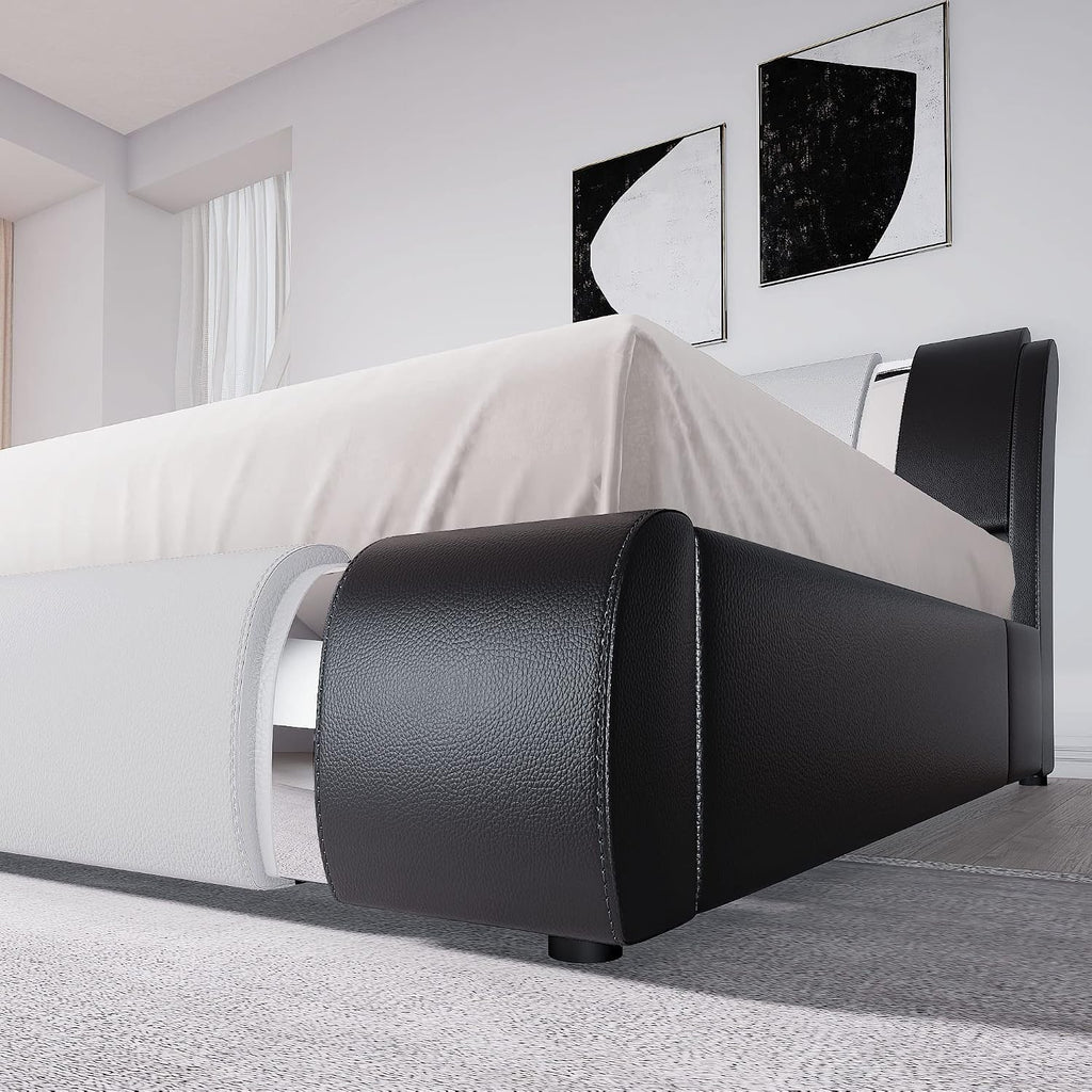 Allewie King Size Bed Frame with Iron Piece Decor, Faux Leather Upholstered Platform Bed with Curved Adjustable Headboard, Wooden Slats Support, No Box Spring Needed, Modern Black and White