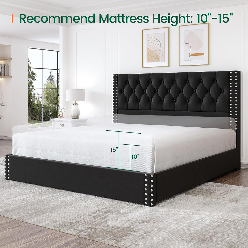 LARMACE King Size Bed Frame with 4 Storage Drawers and Tufted Headboard Velvet Upholstered Platform Bed Frame with Heavy Duty Wood Slats, No Box Spring Needed, Easy Assembly,Black