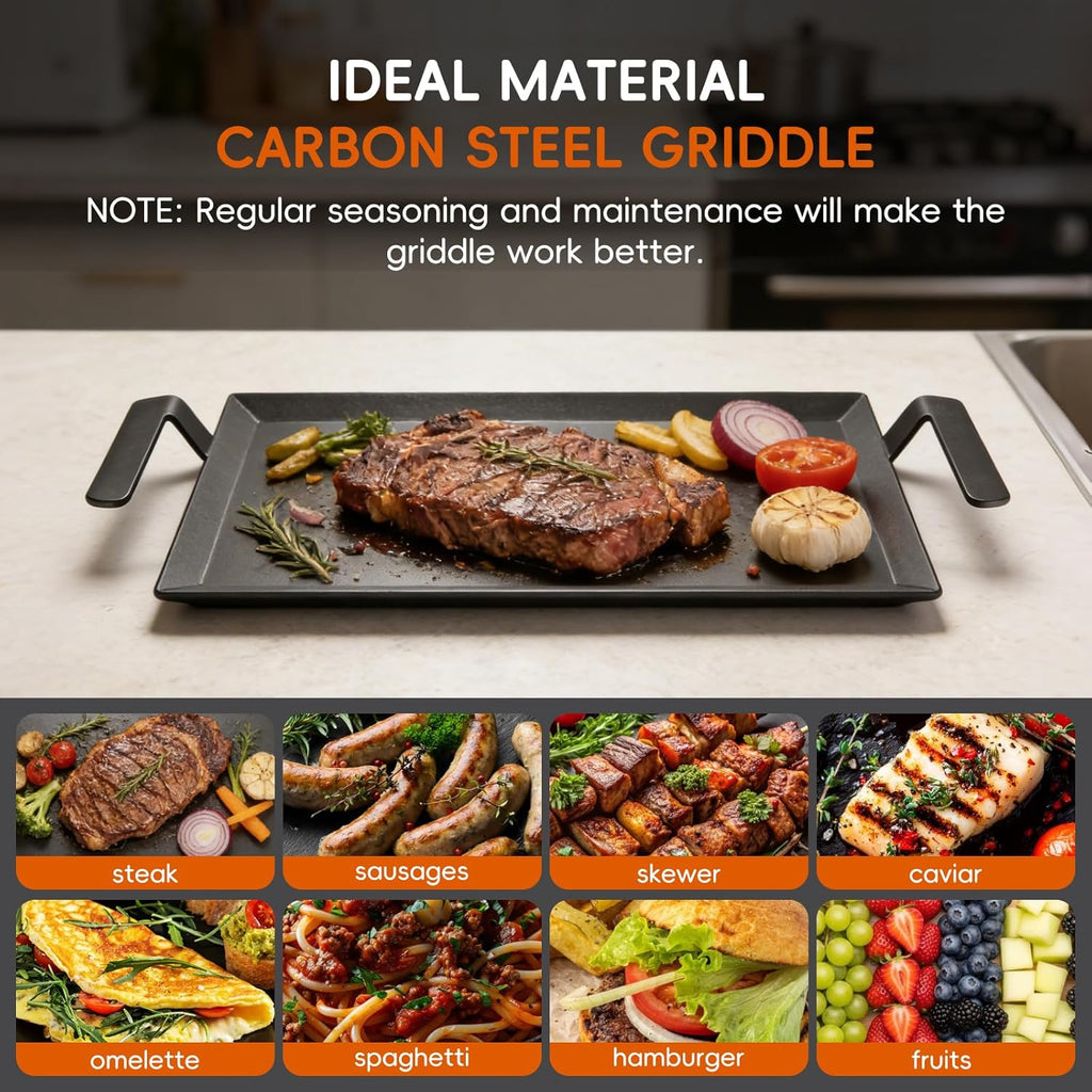 XUDAKAIXIN Carbon Steel Griddle + Grill Press | Professional-Grade Seasoned Cookware | Induction, Gas & Oven Compatible (Up to 1200°F) | Long-Lasting & Durable
