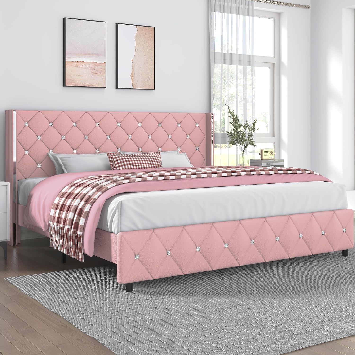 Lullabyre King Size Bed Frame, Upholstered Bed Frame with Diamond Tufted Headboard, Modern Silverside Wingback, No Box Spring Needed, Easy Assembly, Pink