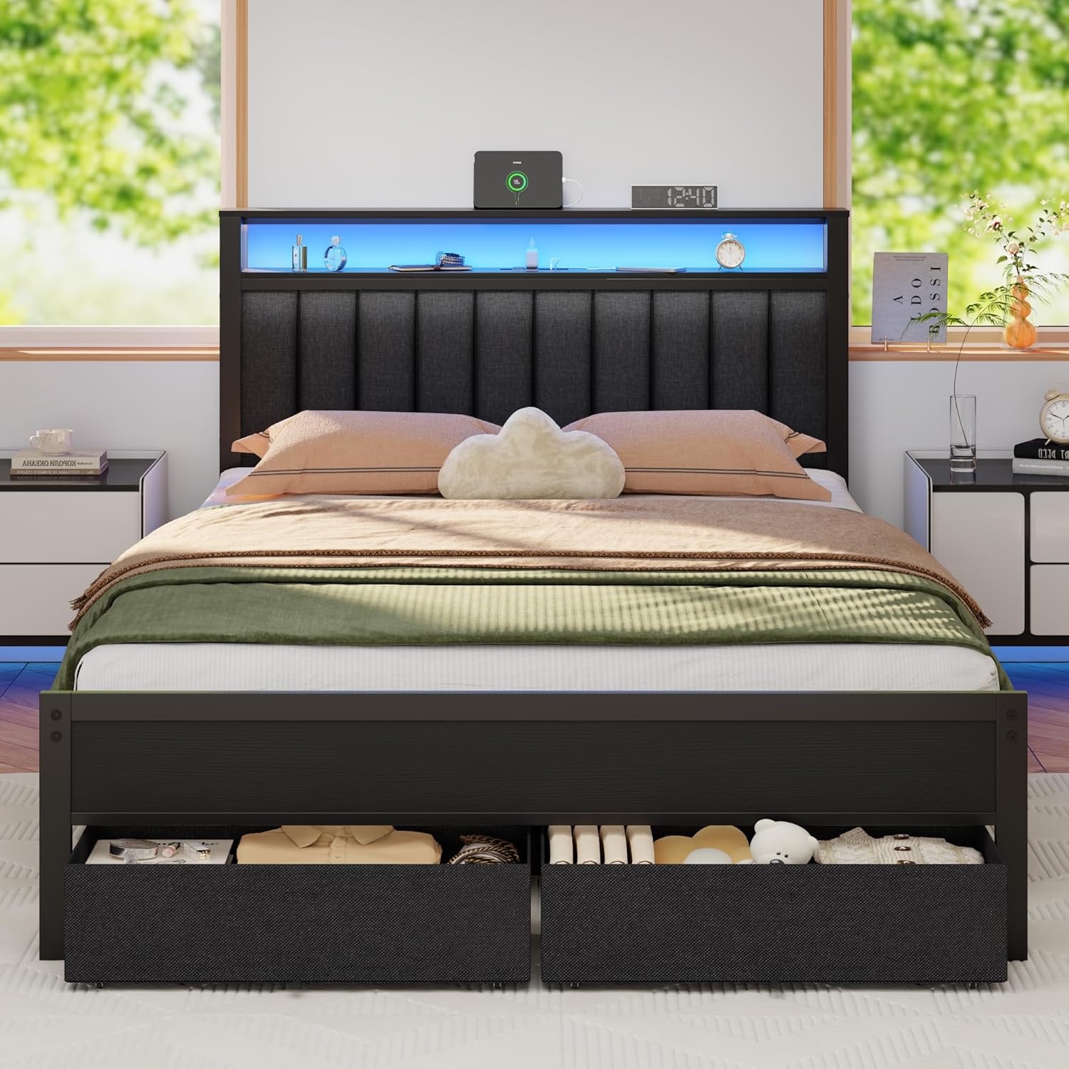Furnulem Queen Bed Frame with Charging Station and LED Lights, Grey Upholstered Headboard with Shelves, Metal Platform Bed with 2 Under-Bed Storage (Fabric Drawer on Wheels), No Box Spring Needed