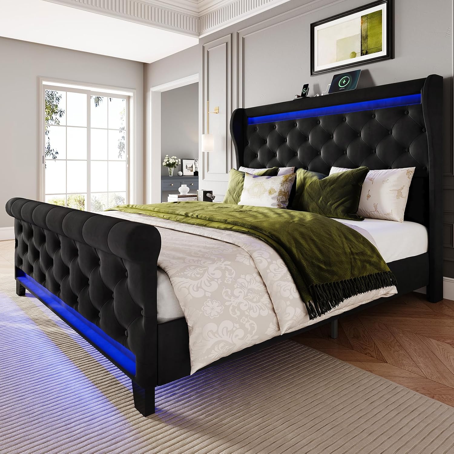 Belffin Queen Size Bed Frame with Headboard,50' Tall Headboard Upholstered Velvet Platform Bed with LED Lights & 2 USB Port/1 Type C Port, Button Tufted, No Box Spring Needed,Noise Free,Black
