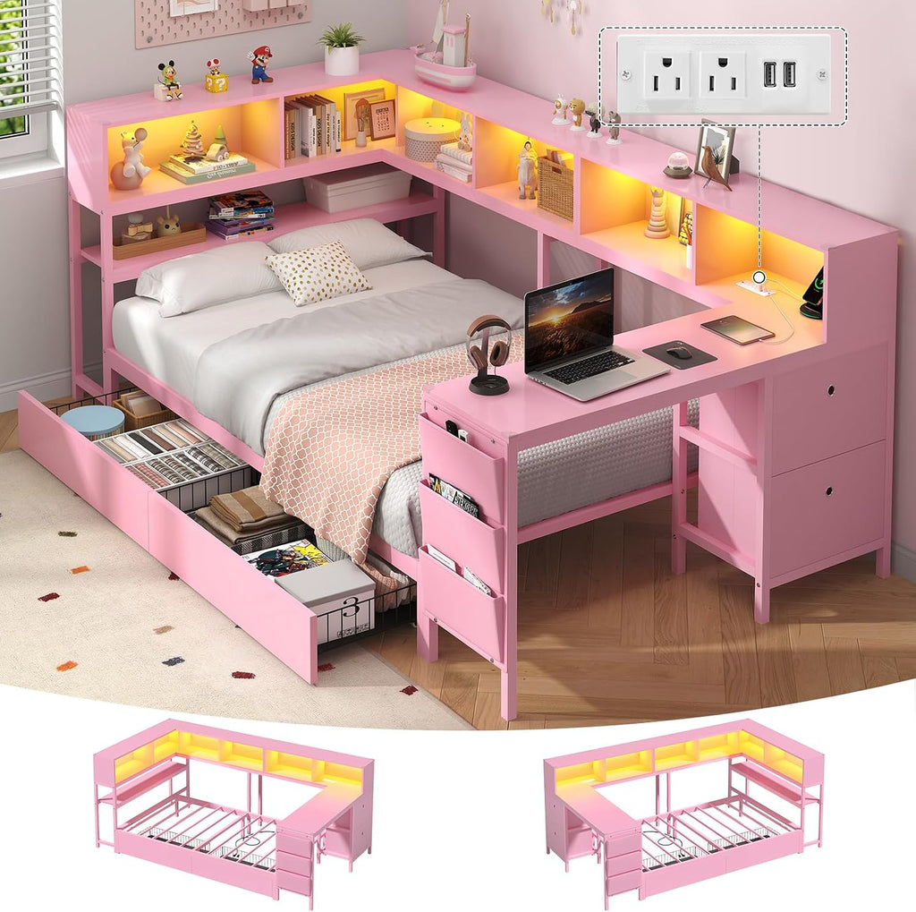 Hasuit Twin Corner Bed with Desk and Storage Bookcase, Daybed with 2 Drawers & 2 Storage Bins, Twin Size Platform Bed Frame with Charging Station and LED Light, Modern Teenagers Bedframe, Pink