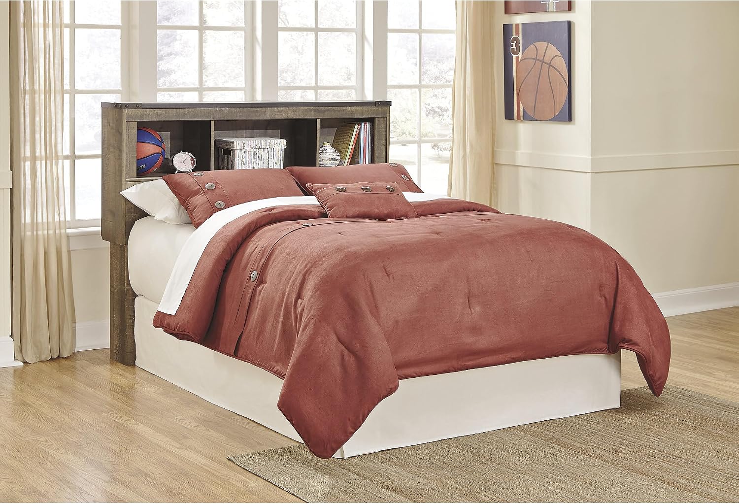 Signature Design by Ashley Trinell Rustic Bookcase Bed with Storage and Nailhead Accents, Foundation or Box Spring Not Needed, Full, Dark Brown