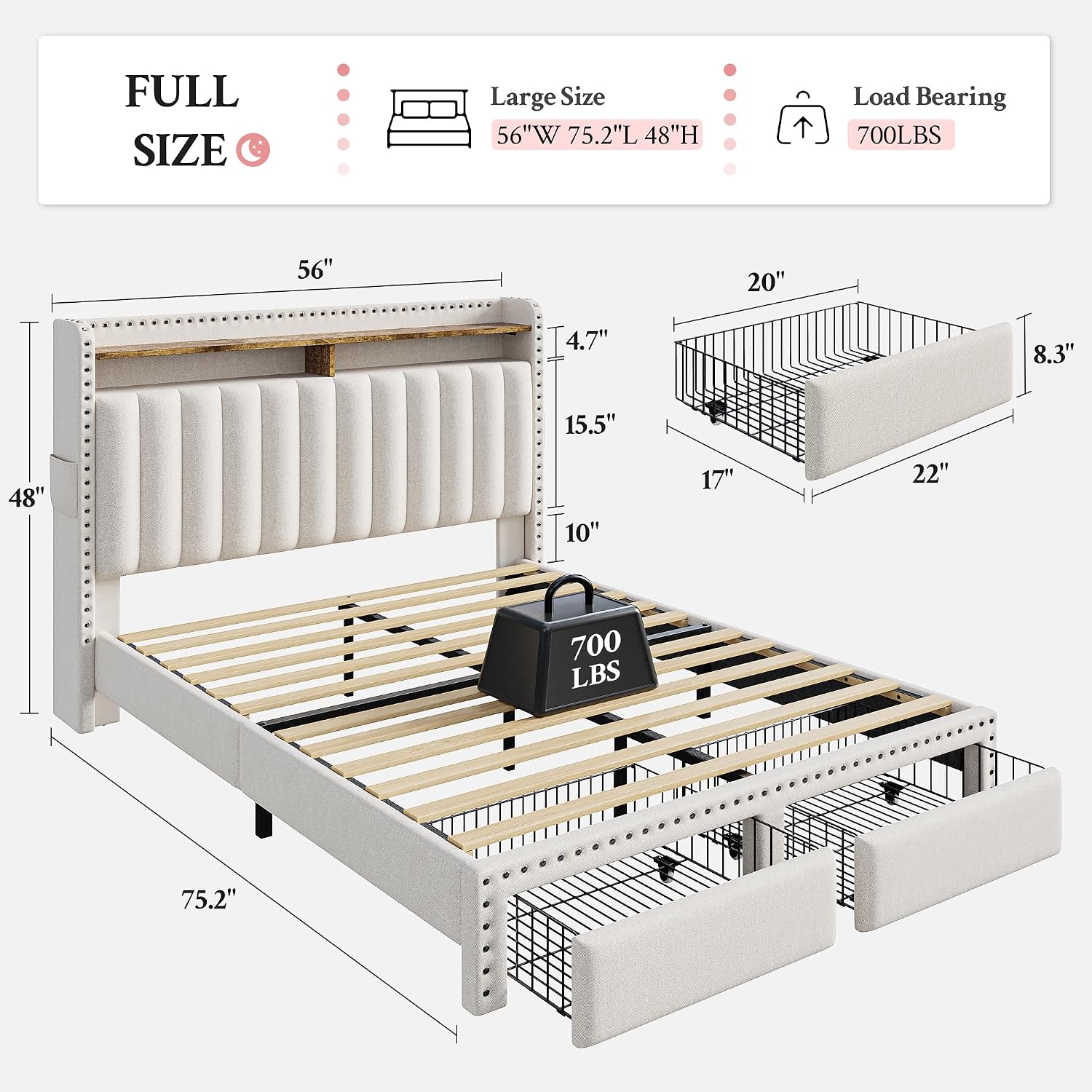 EnHomee Full Size Upholstered Bed Frame with 2 Storage Drawers and 2-Tier Headboard, Vertical Tufted Headboard Design, Extra Storage Space for Bedroom Apartment, Beige