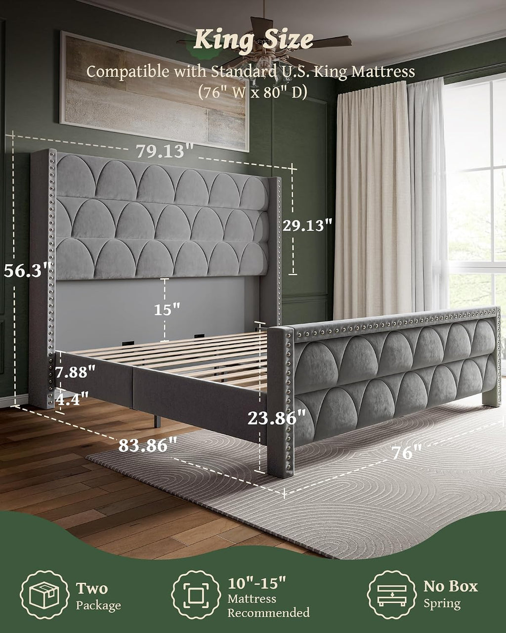 OHOHOLIVE King Size Bed Frame with 56' Headboard - Velvet Upholstered Wingback Platform Bed Frame, Noise Free, Sturdy Wooden Slat Support (Deep Gray, King)