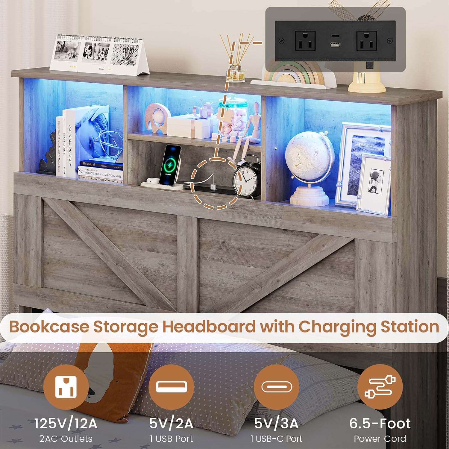 VIAGDO Farmhouse Bed Frame Twin Size with Bookcase Storage Headboard, Charging Station and LED Lights, Wooden Twin Bed Frames with 4 Drawers, Barn Door Design, No Box Spring Needed, No Noise, Grey