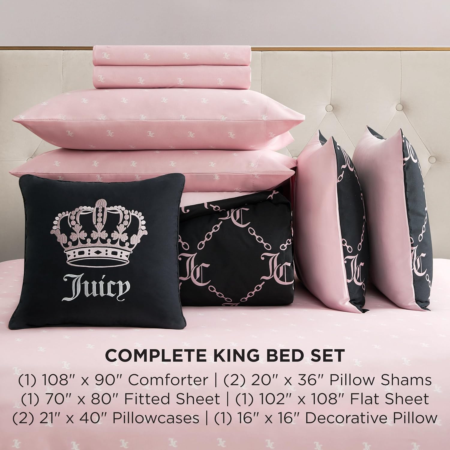 Juicy Couture Black Link Logo Printed Comforter Set, King – Complete 8-Piece Bed in a Bag Collection