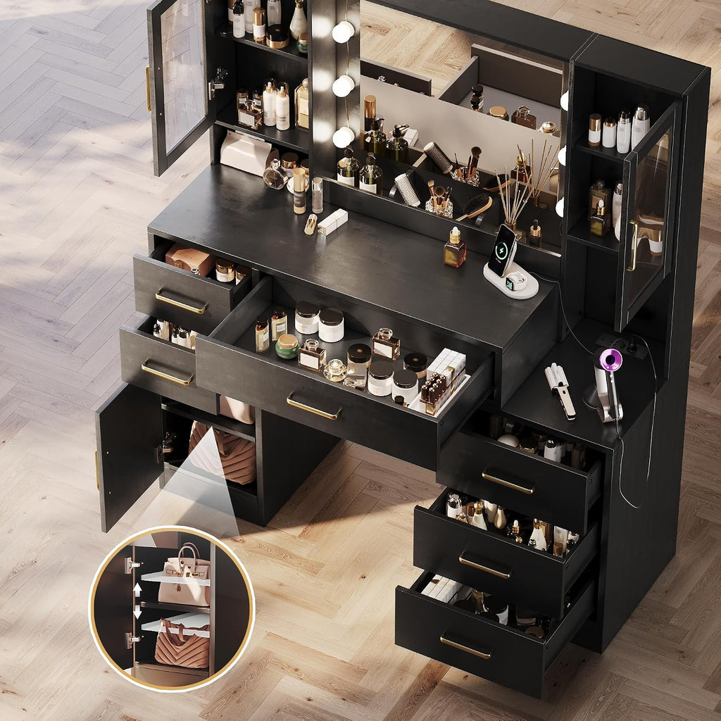 TOKSOM Makeup Vanity Desk with Mirror and Lights, 51' Makeup Vanity with Lights & Charging Station, Dressing Table Vanity Set for Bedroom, Vanity Table with 6 Drawers and 3 Cabinet Black