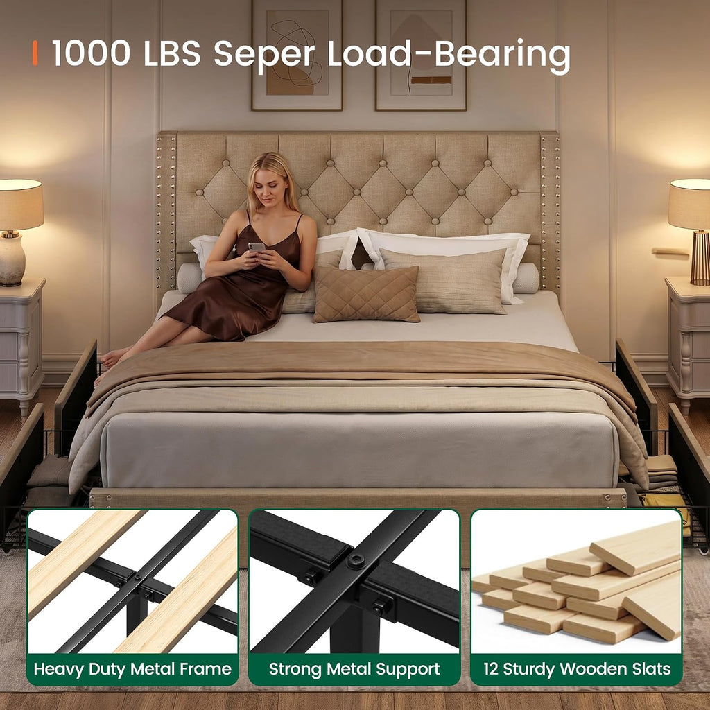 LARMACE Queen Size Bed Frame with 4 Storage Drawers and Tufted Headboard Linen Upholstered Platform Bed Frame with Heavy Duty Wood Slats, No Box Spring Needed, Easy Assembly, Beige