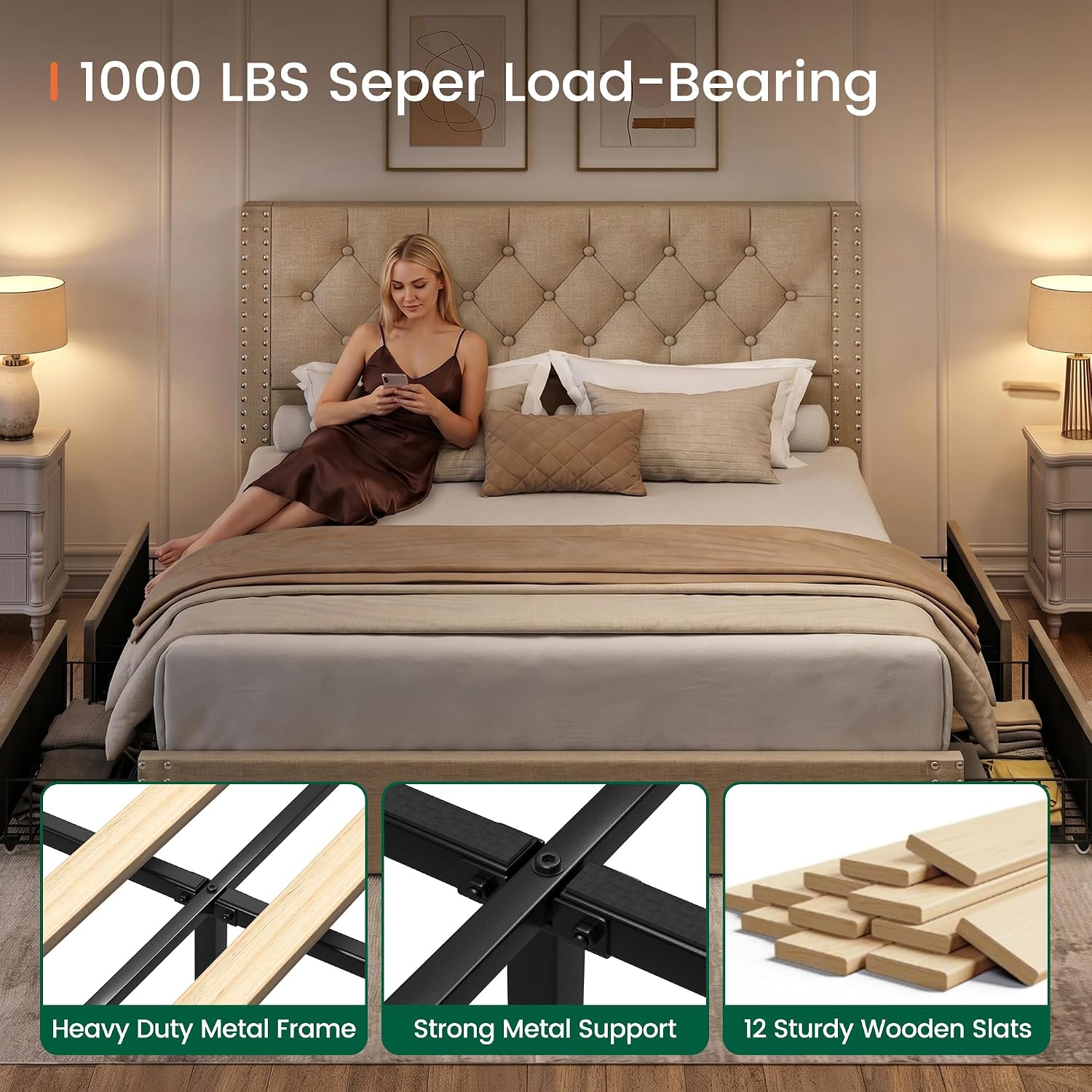 LARMACE Queen Size Bed Frame with 4 Storage Drawers and Tufted Headboard Linen Upholstered Platform Bed Frame with Heavy Duty Wood Slats, No Box Spring Needed, Easy Assembly, Beige