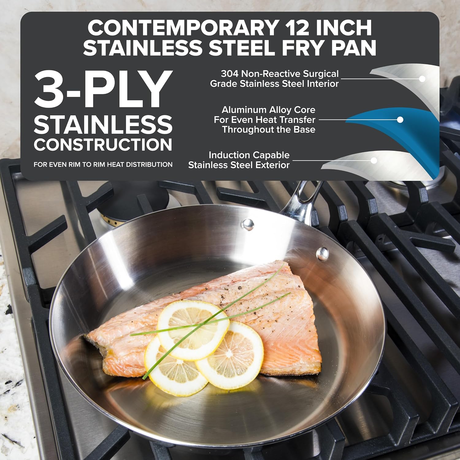 Viking Contemporary 3-Ply Frying Pan, 12 Inch Stainless Steel Kitchen Cookware, Silver