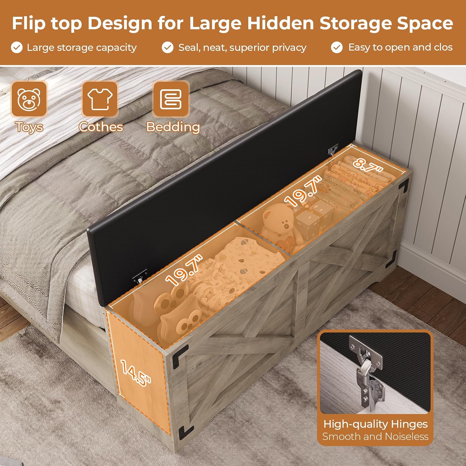 DICTAC Farmhouse Twin Bed Frame with Storage Headboard and Charging Station Wood Platform Bed Frame Twin Size with Storage Ottoman and Led Lights,Twin Size Bed for Kids,Metal Slats Support,Oak Gray