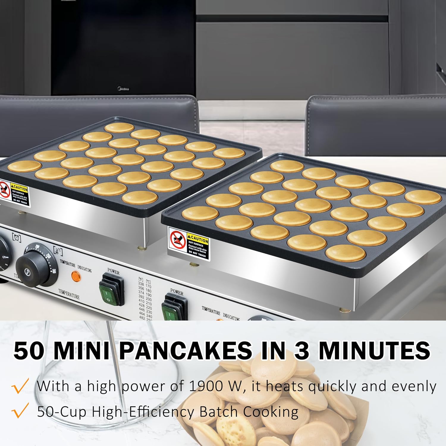 1900W Commercial 50PCS Mini Dutch Pancake Maker 110V, Dual-Zone Heating with Temp & Timer Control, Non-Stick Easy-Clean Teflon Plates, Heavy-Duty Stainless Steel Body for Home & Restaurant Use