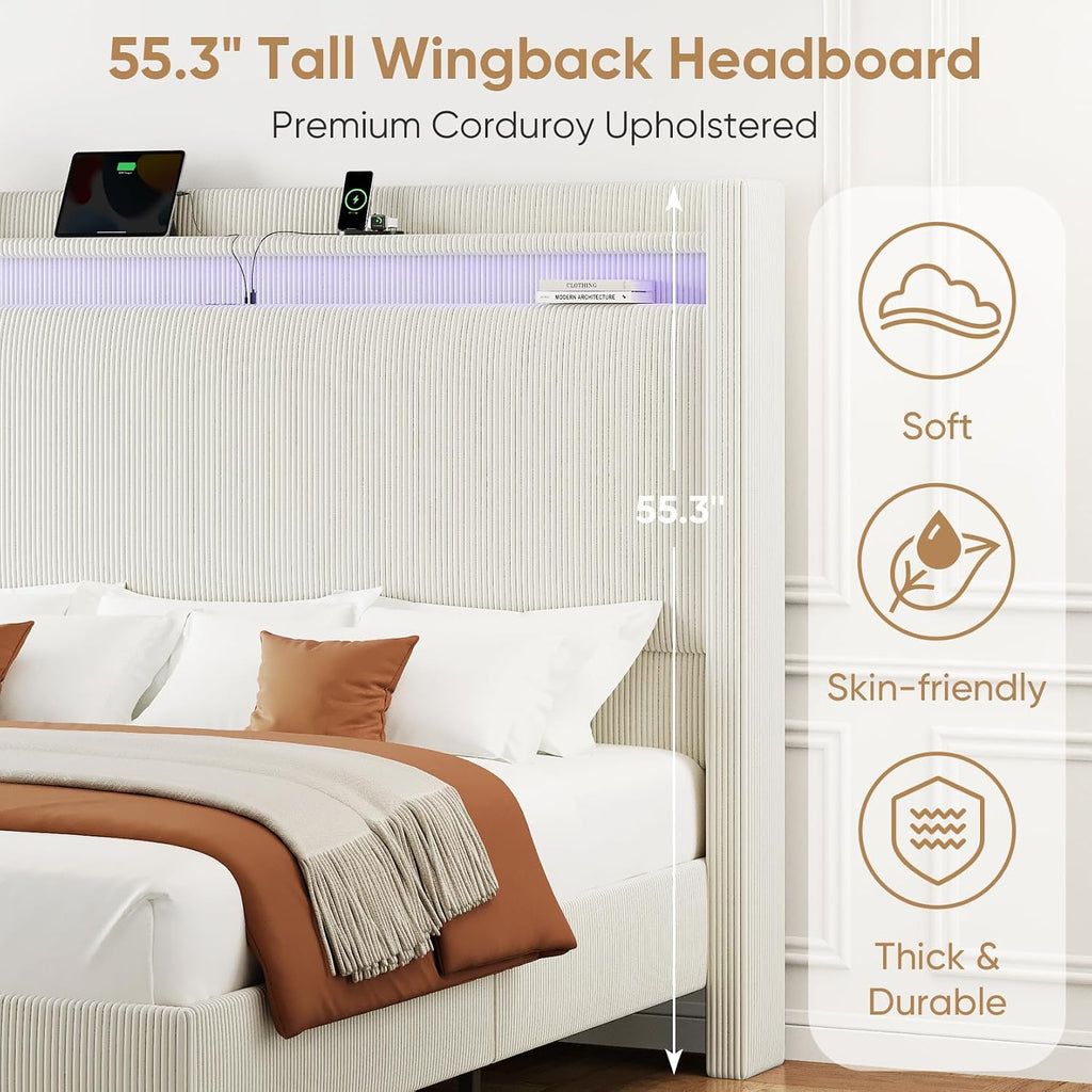 King Size Bed Frame with Tall Headboard, 55.3' Upholstered Platform King Bed Frame, Elegant Corduroy Wingback Bed with LED Lights & Charging Station, No Box Spring Needed, Solid Wood Slats, Cream