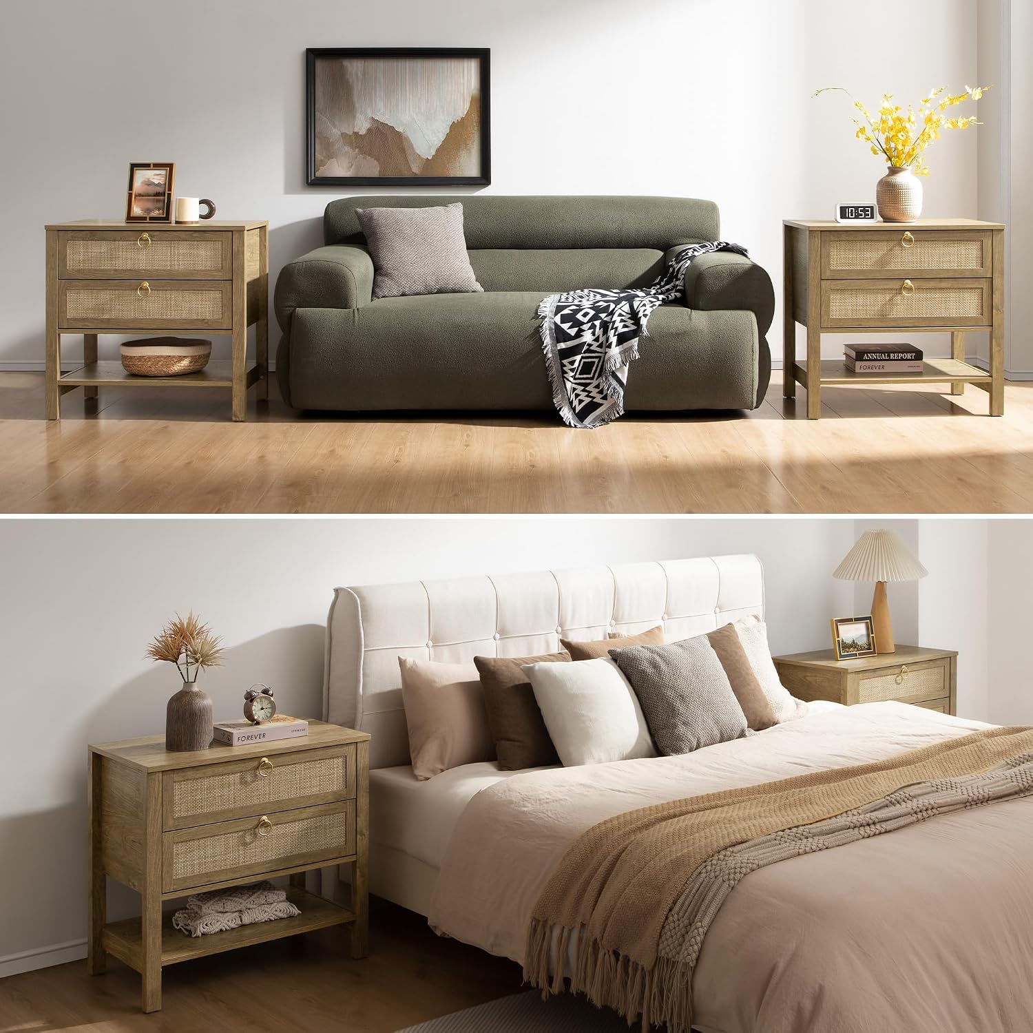 SICOTAS Night Stands Set of 2 for Bedroom, Large Bedside Tables with Drawer & Open Shelf, Wide Boho Rattan Nightstand Set Narrow Side Table for Master Bedroom