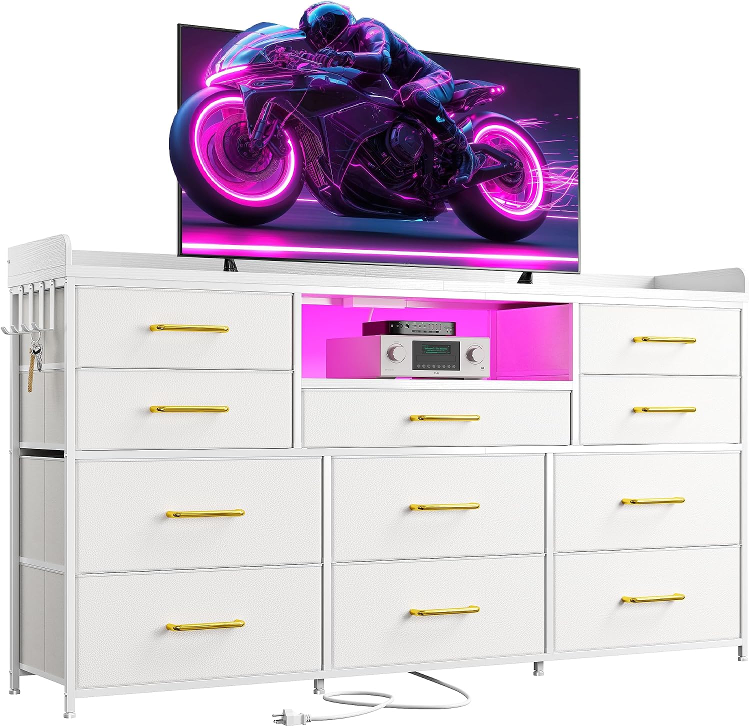 EnHomee Dresser TV Stand with 11 Drawers, 60' TV Stand with LED Lights & Power Outlets, White Dresser for Bedroom with Shelves & 5 Hooks for Dorm, Hallway