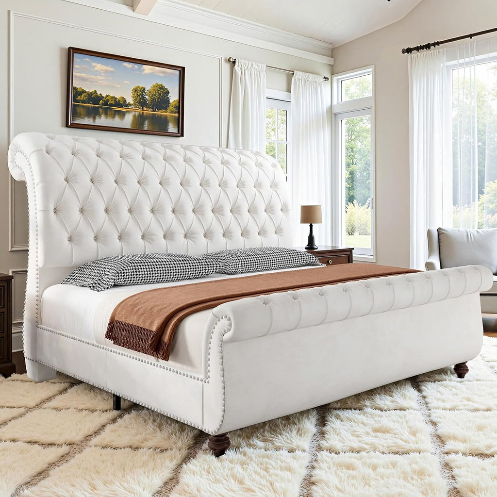 AMERLIFE 55' Tall Sleigh Bed Frame with Scroll Headboard & Footboard, Velvet Upholstered Platform Bed with Deep Button Tufted, Solid Wood Legs, No Box Spring Needed, White, King