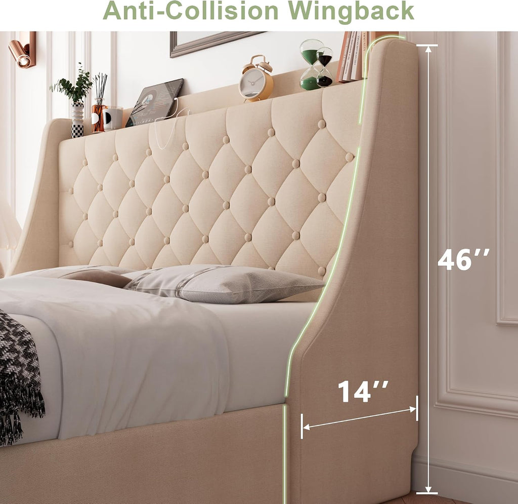Feonase King Size Bed Frame with 4 Storage Drawers, Upholstered Storage Bed with Charging Station, Tufted Wingback Headboard, No Box Spring Needed, Beige