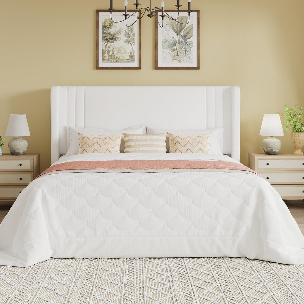 SHA CERLIN Full Size Velvet Upholstered Platform Bed Frame with Vertical Channel Tufted Wingback Headboard, Wooden Slats Support, Easy Assembly, Under Bed Storage, No Box Spring Required, White