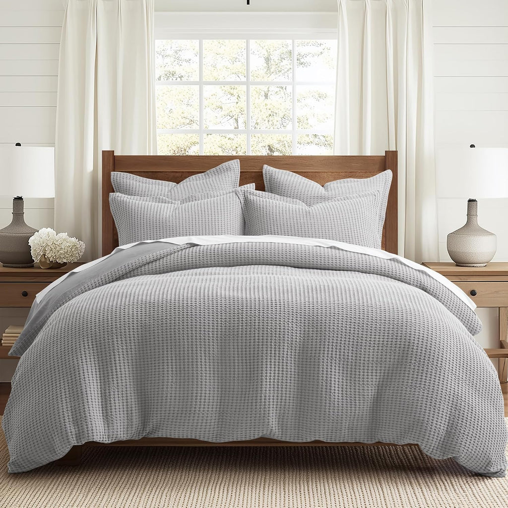 Levtex Home Mills Waffle Queen Duvet Cover Set (90x94in) with 2 Pillow Shams (26x20in) - Grey Pewter - 100% Cotton Queen Size Duvet Cover Set - Soft, Pre-Washed