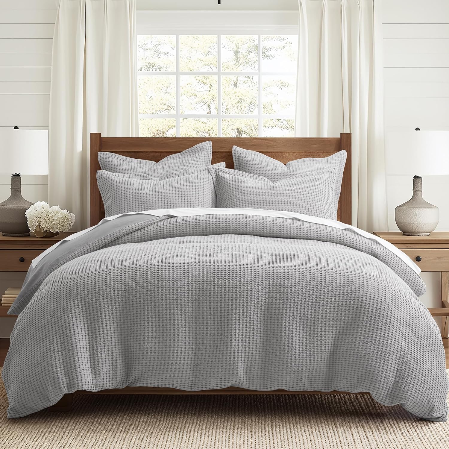 Levtex Home Mills Waffle Queen Duvet Cover Set (90x94in) with 2 Pillow Shams (26x20in) - Grey Pewter - 100% Cotton Queen Size Duvet Cover Set - Soft, Pre-Washed
