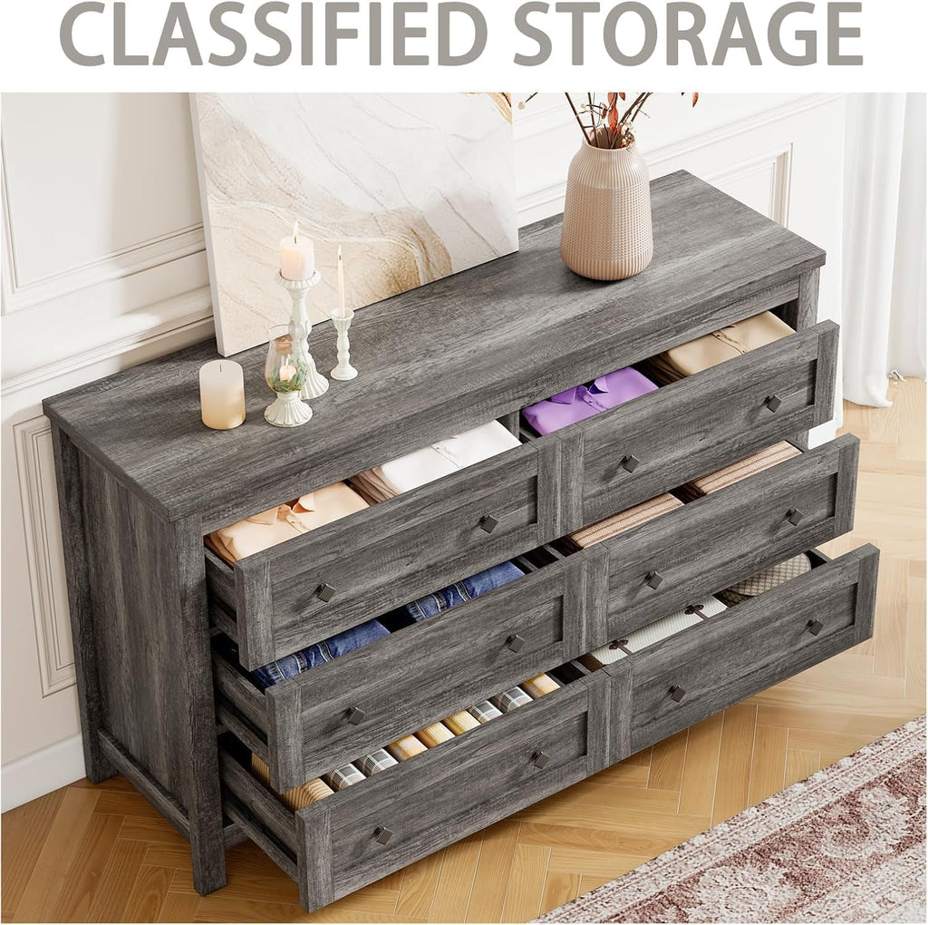 LUXOAK 2-Piece Farmhouse Bedroom Set, King Size Bookcase Bed Frame and 6 Drawers Dresser, Wooden Storage Bed with Charging Station & 4 Drawers, Rustic Chest of Drawers Closet for Bedroom, Grey