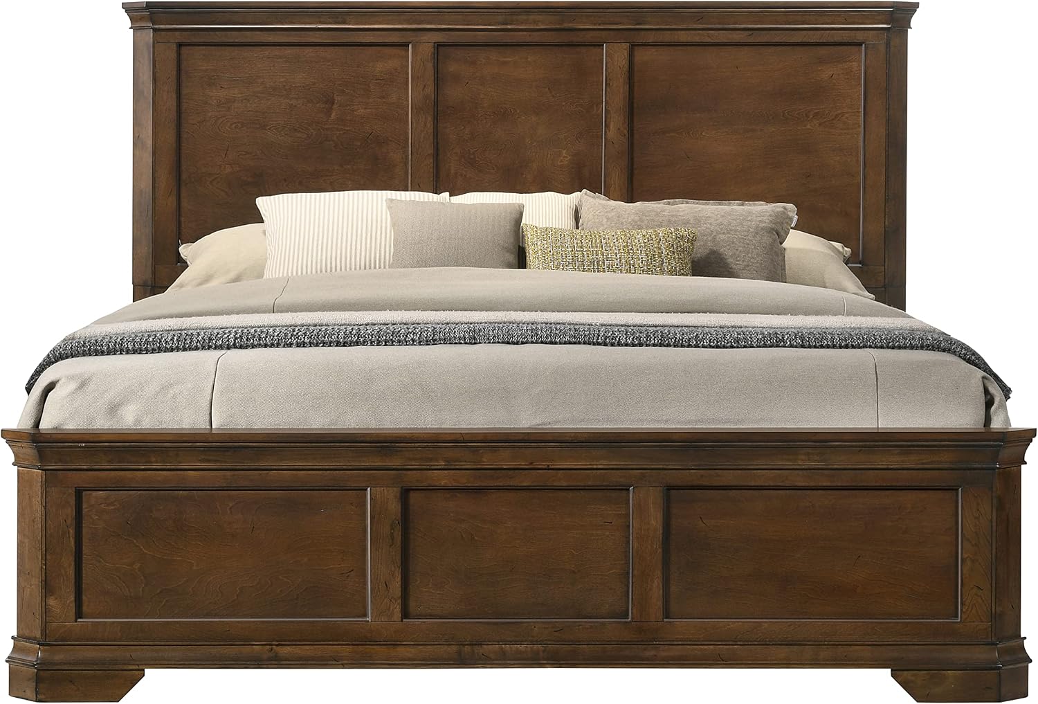 Roundhill Furniture Maderne Traditional Wood Panel Bed with Dresser, Mirror, Nightstand, Queen, Antique Walnut Finish