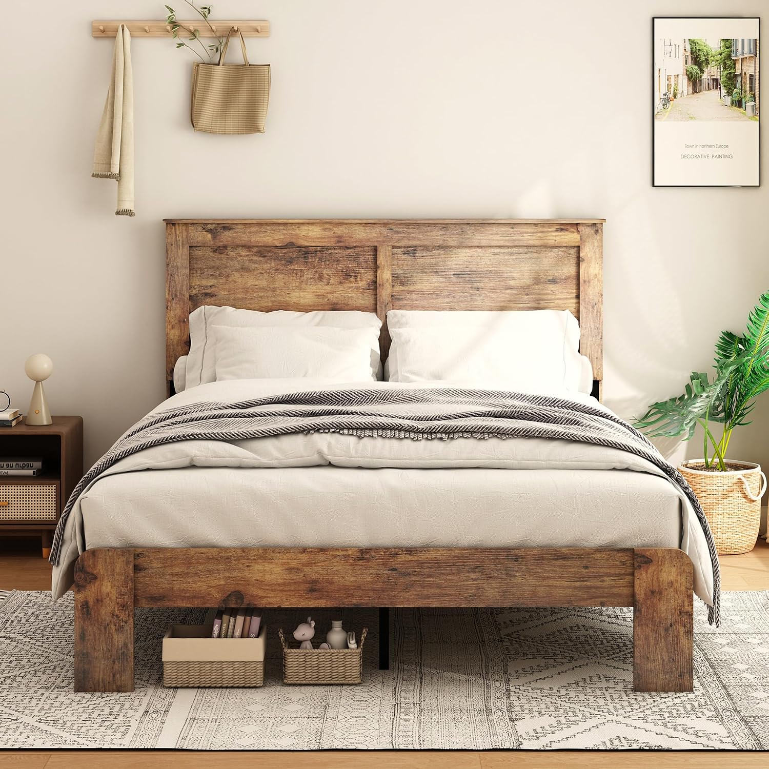 NNOOTK Queen Size Bed Frame, Vintage Platform Bed Frame with Wood Headboard and Footboard, 12 Wood Slats Support, No Box Spring Needed (Dark Brown)