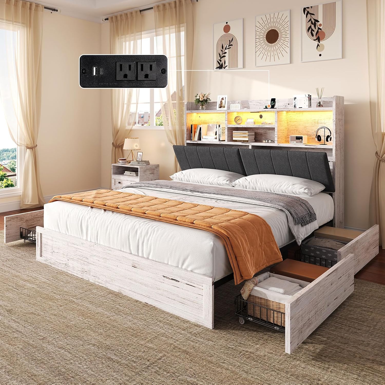 AMERLIFE Full Size Bed Frame with 51.2' Tall Bookcase Headboard, Farmhouse Platform Bed with 4 Storage Drawers, Linen Upholstered, Charging Station & Storage, Rustic White