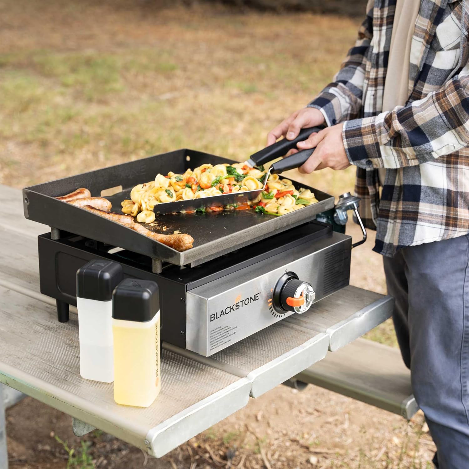 Blackstone 17 Inch Portable Tabletop Griddle 2142 With Stainless Steel Front for Camping and Tailgating, Griddle Accessories, Seasoning, and Gloves