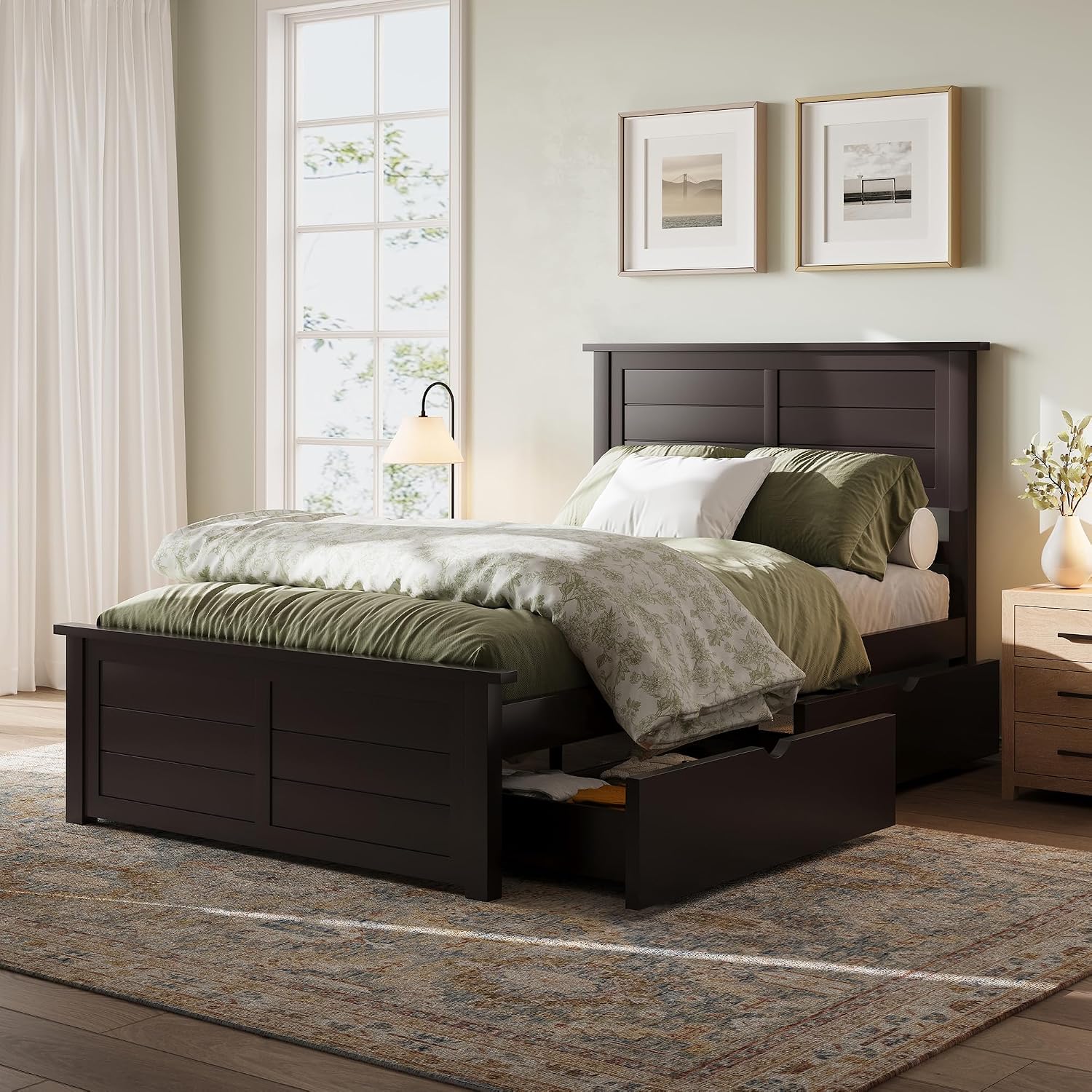AMERLIFE Twin Bed Frame with Headboard, Platform Beds with 4 Storage Drawers, Wood Bed Frame for Bedroom, Wood Slats Support, Espresso